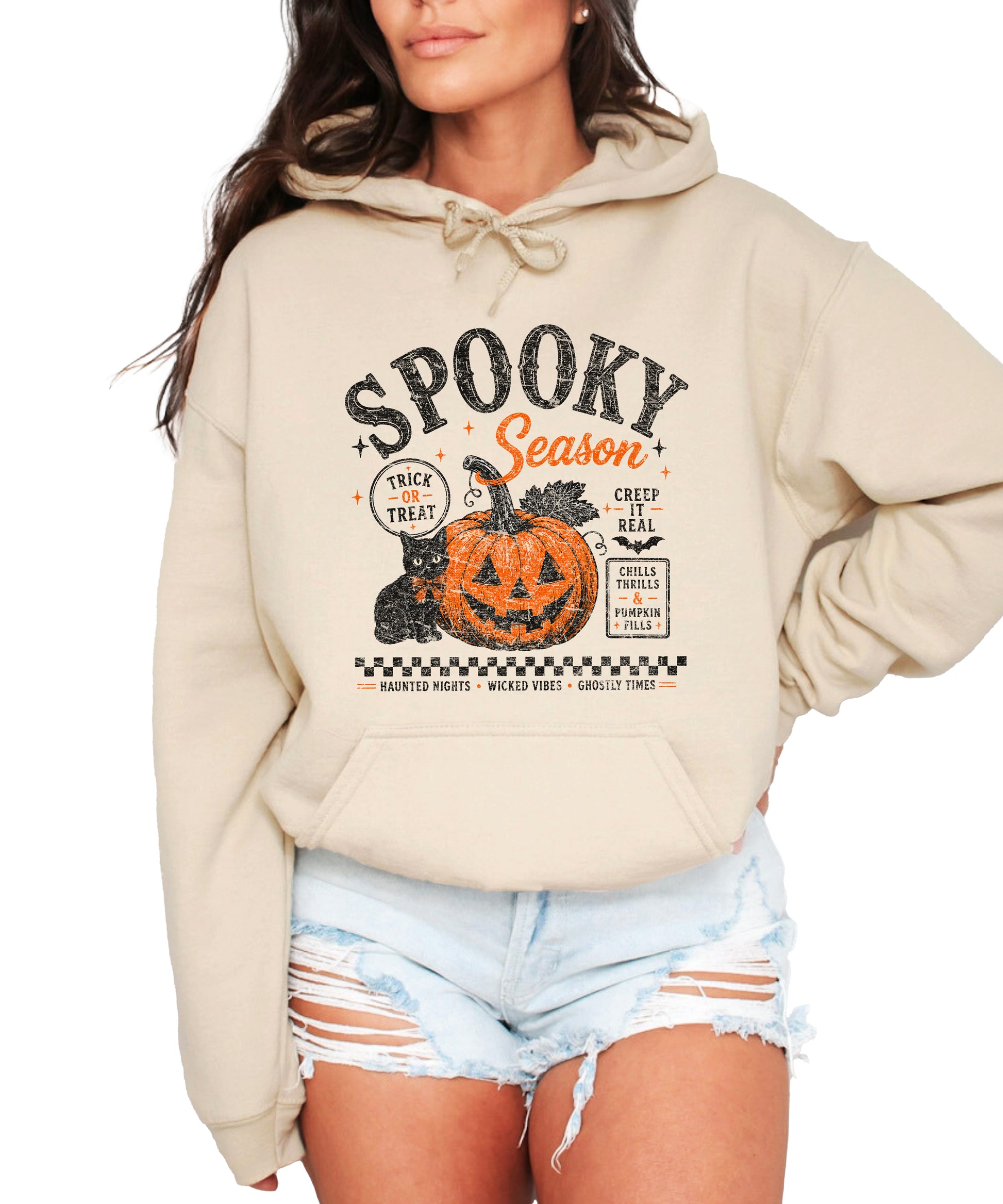 Sand Spooky Season Halloween hoodie shown on model, casual fall styling