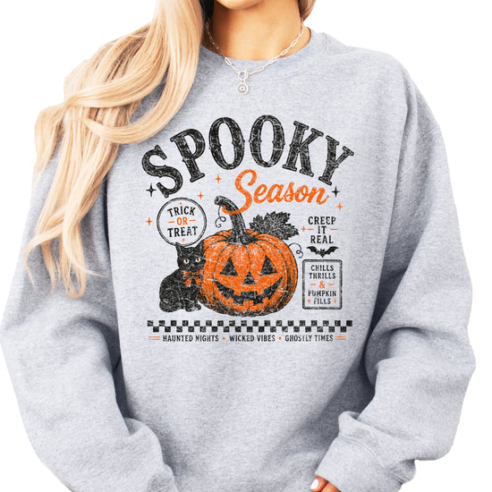 Gray Spooky Season Halloween pumpkin black cat crewneck sweatshirt, front view