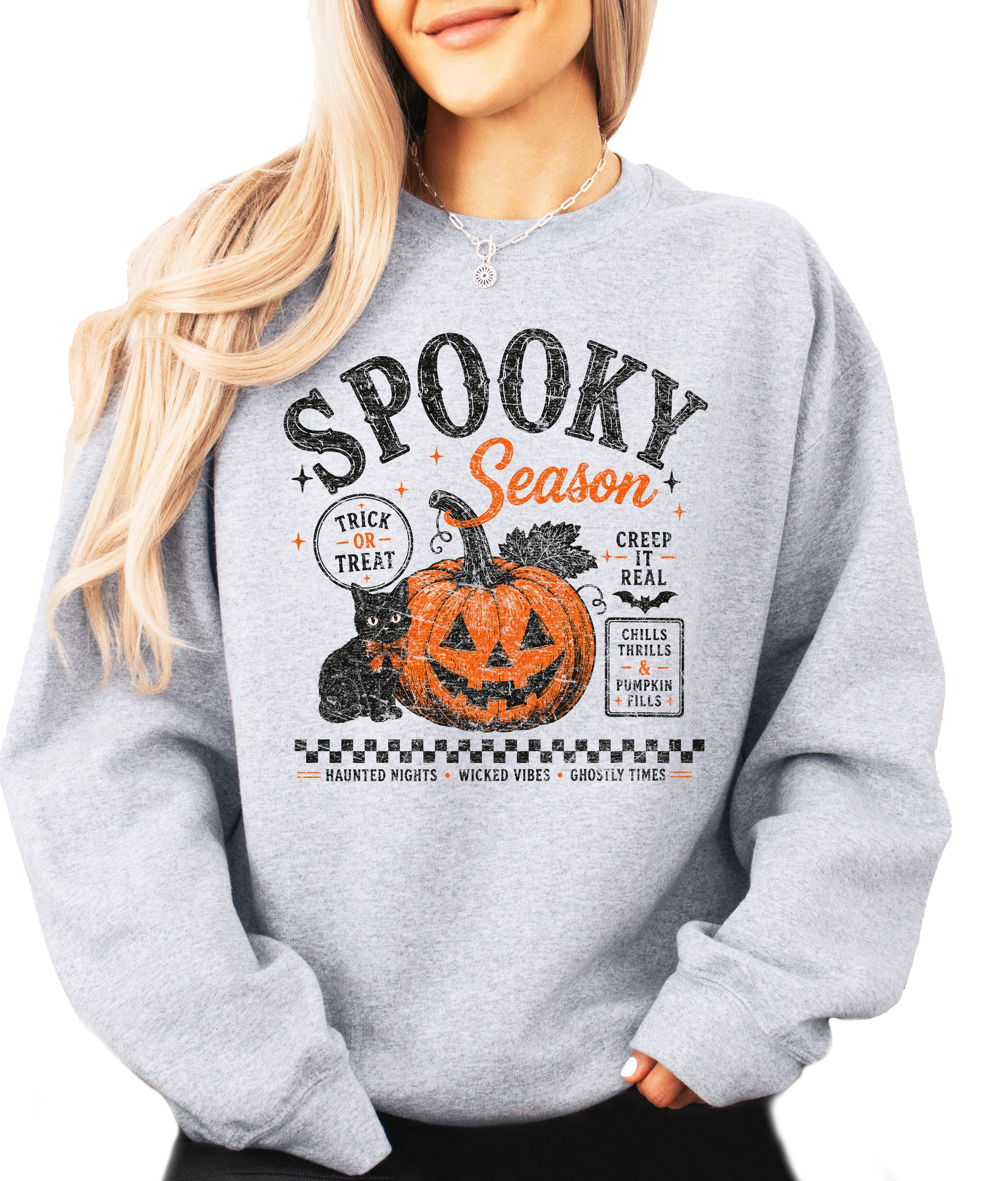 Gray Spooky Season Halloween pumpkin black cat crewneck sweatshirt, front view