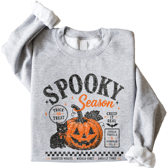 Gray Spooky Season Halloween pumpkin black cat crewneck sweatshirt, view 2