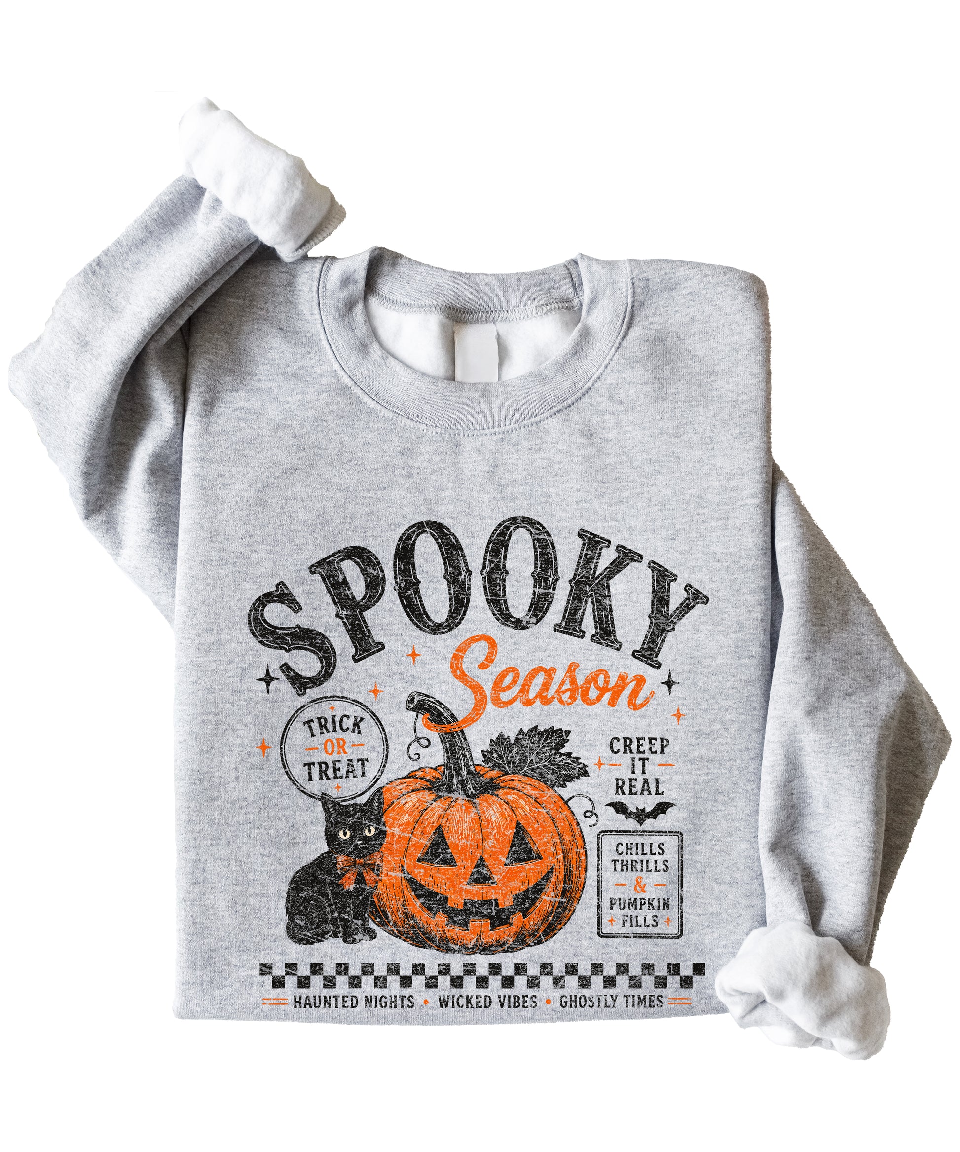 Gray Spooky Season Halloween pumpkin black cat crewneck sweatshirt, view 2