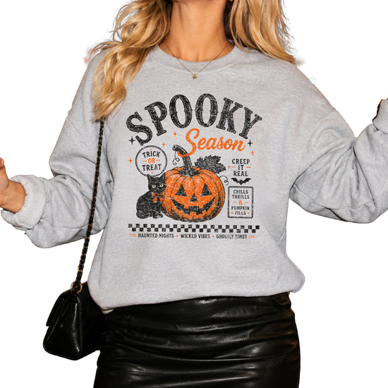 Gray Spooky Season Halloween pumpkin black cat crewneck sweatshirt, view 3