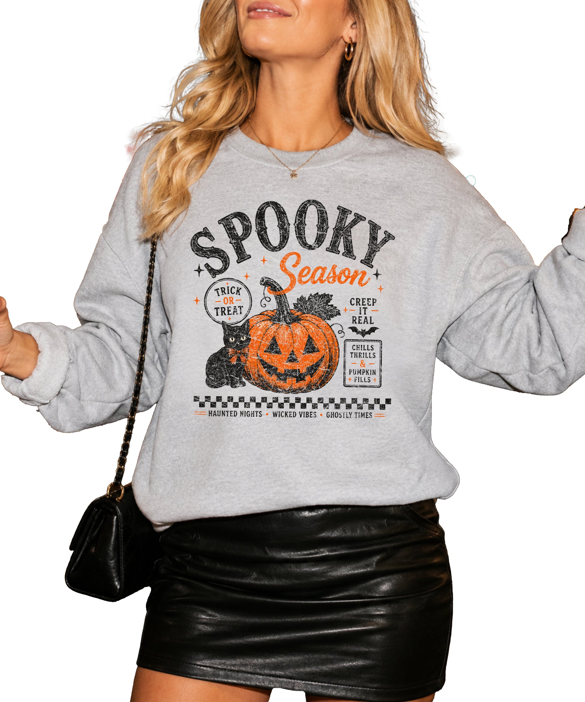 Gray Spooky Season Halloween pumpkin black cat crewneck sweatshirt, view 3