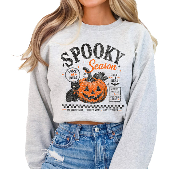 Gray Spooky Season Halloween pumpkin black cat crewneck sweatshirt, view 4