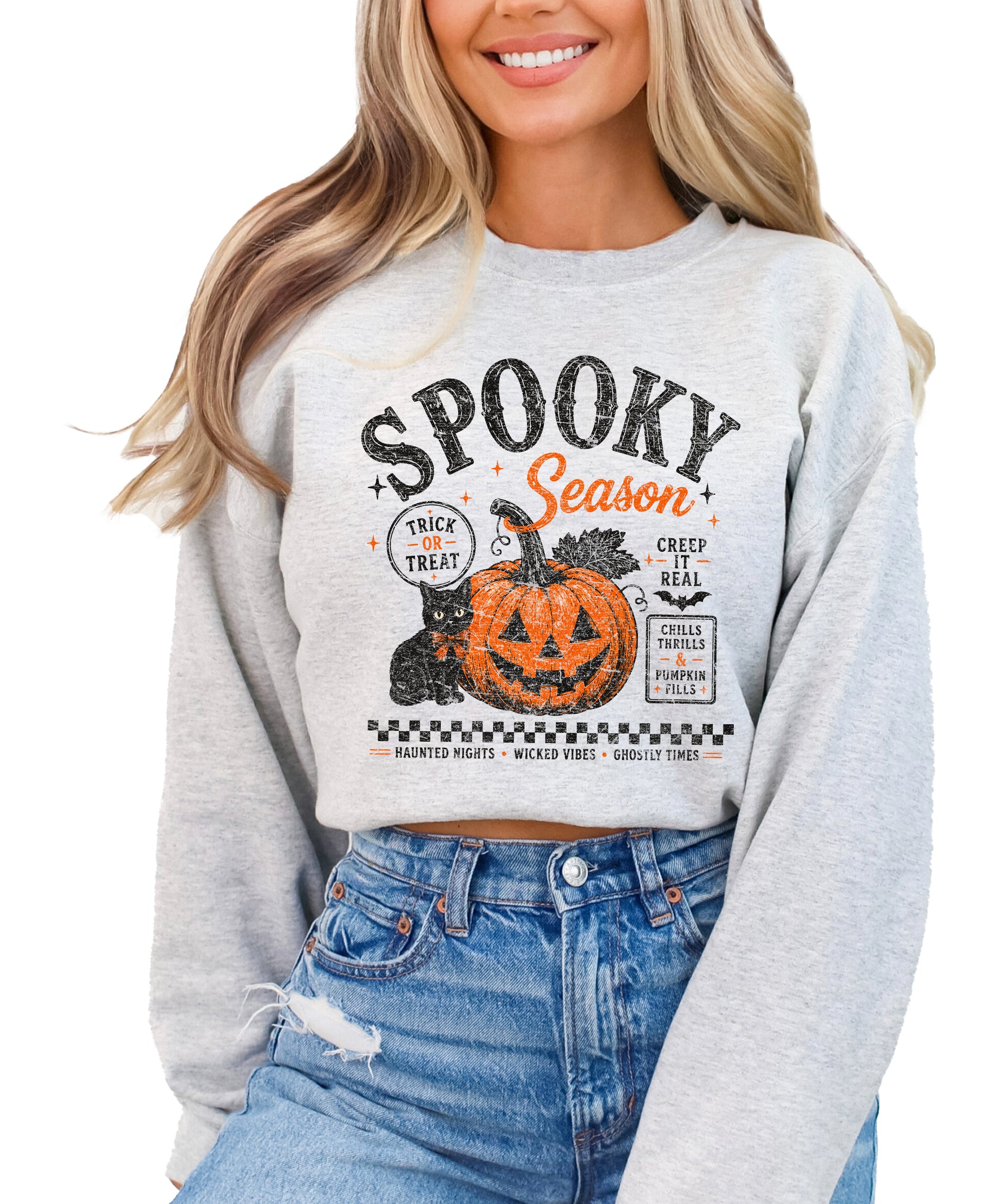 Gray Spooky Season Halloween pumpkin black cat crewneck sweatshirt, view 4