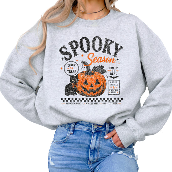 Gray Spooky Season Halloween pumpkin black cat crewneck sweatshirt, view 5