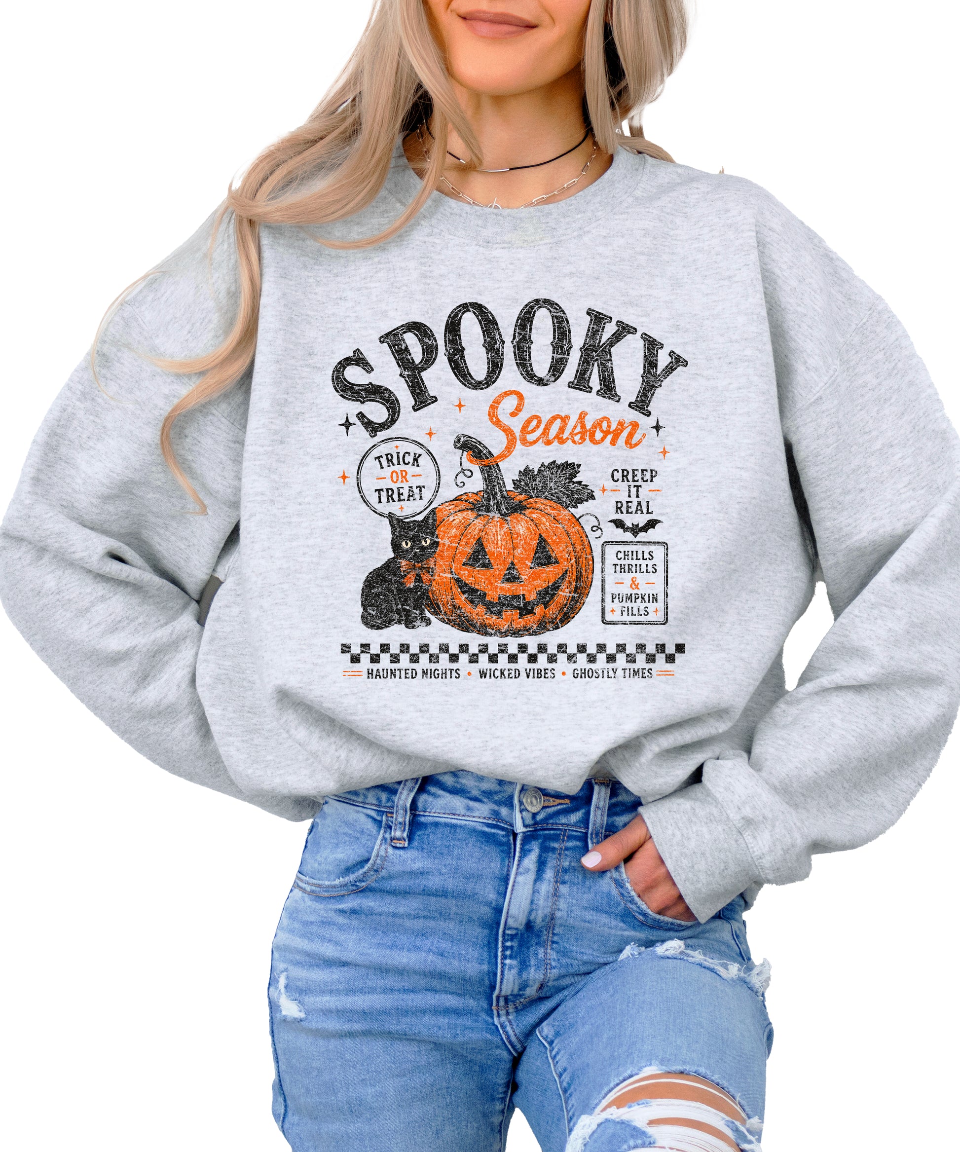 Gray Spooky Season Halloween pumpkin black cat crewneck sweatshirt, view 5