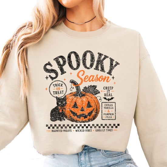 Sand Spooky Season Halloween pumpkin black cat crewneck sweatshirt, front view