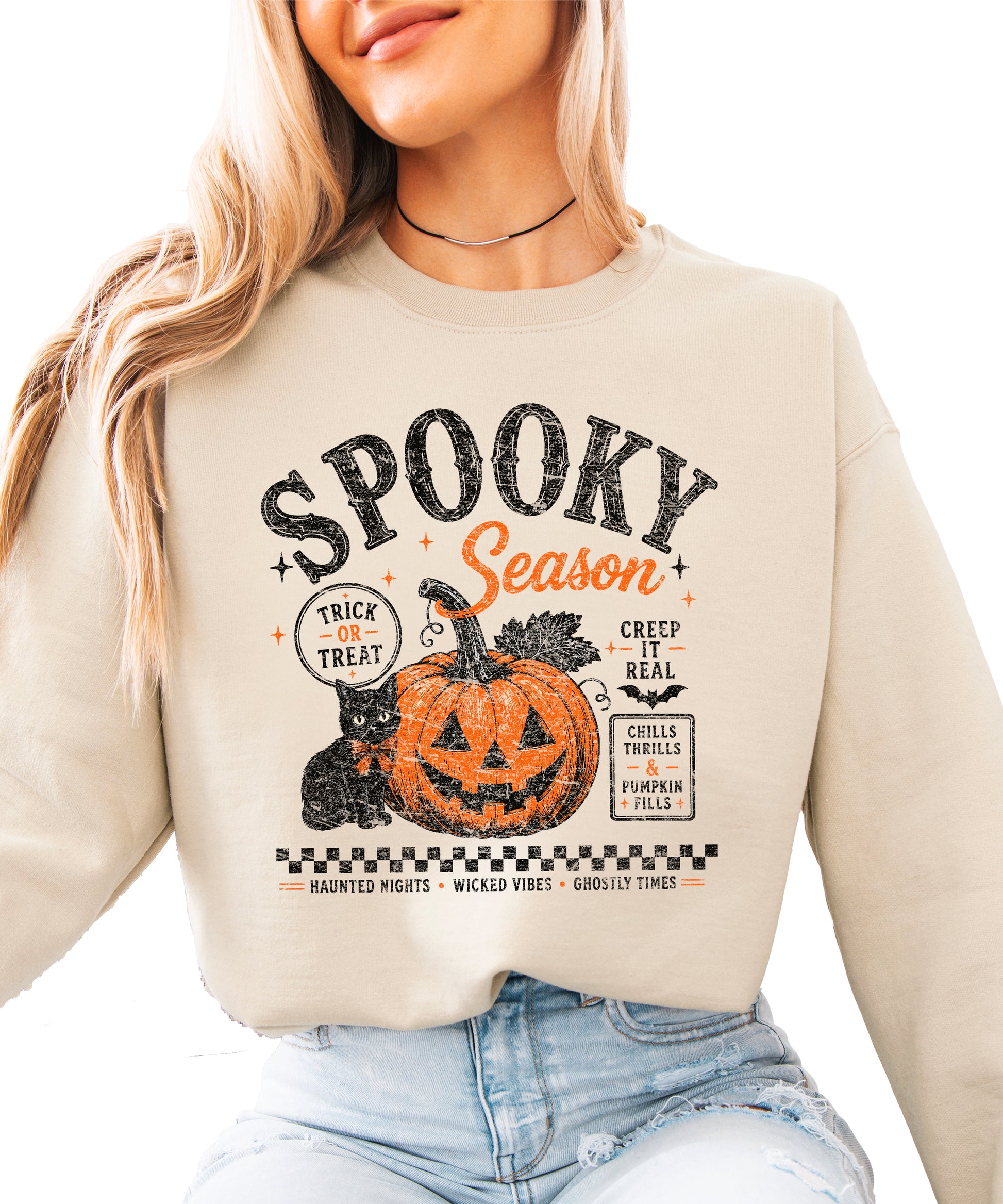Sand Spooky Season Halloween pumpkin black cat crewneck sweatshirt, front view