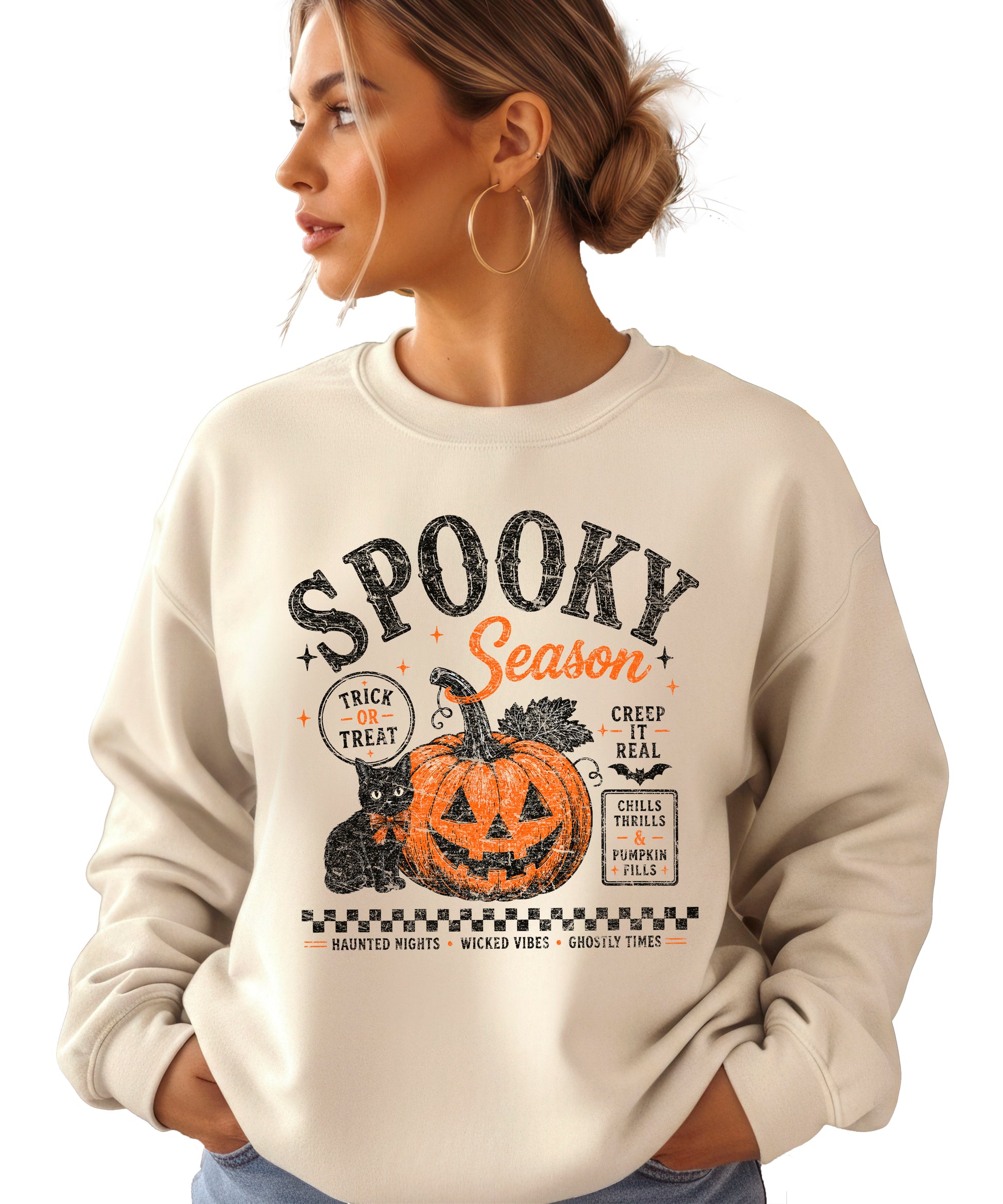 Sand Spooky Season Halloween pumpkin black cat crewneck sweatshirt, view 3