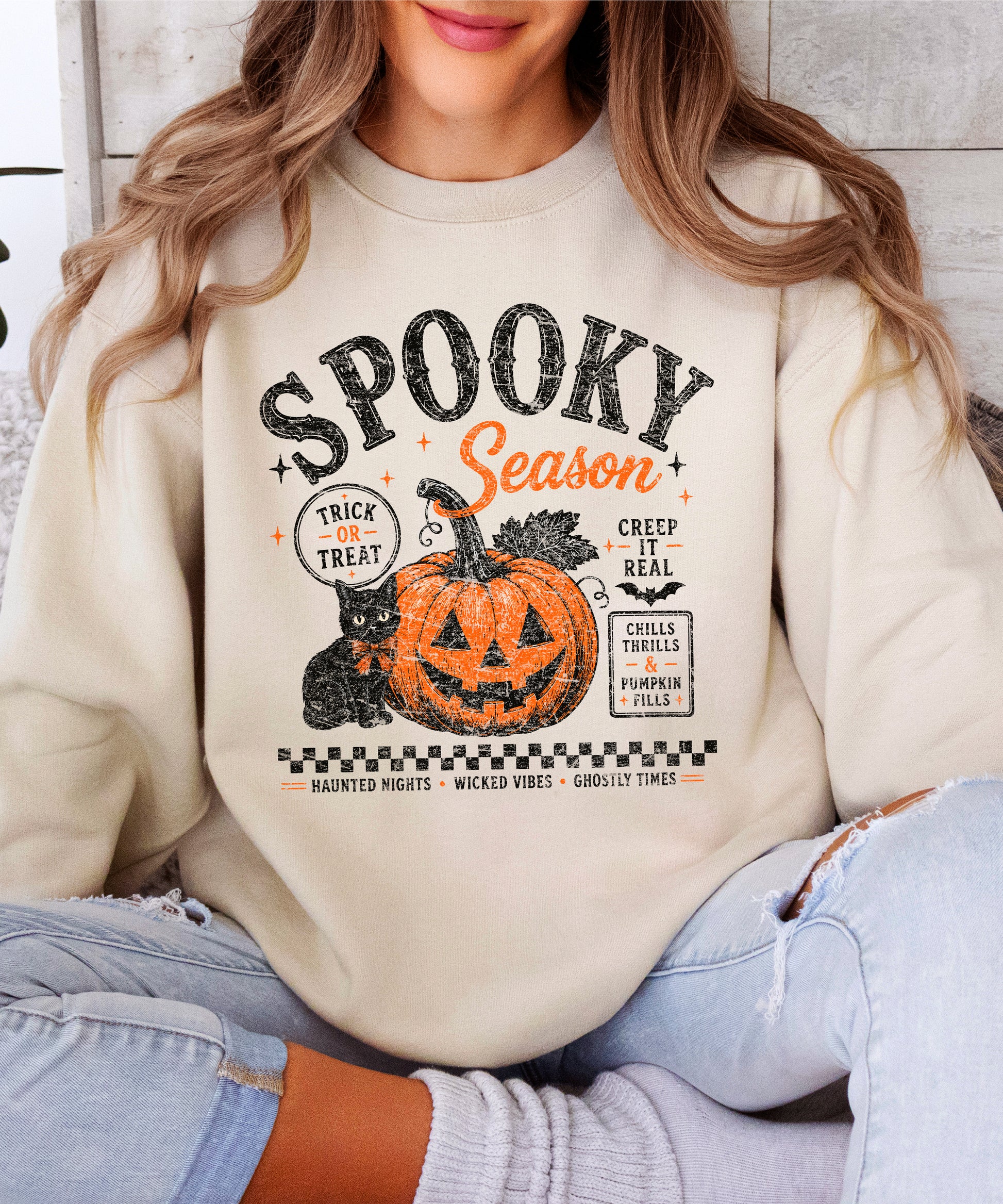 Sand Spooky Season Halloween pumpkin black cat crewneck sweatshirt, view 4