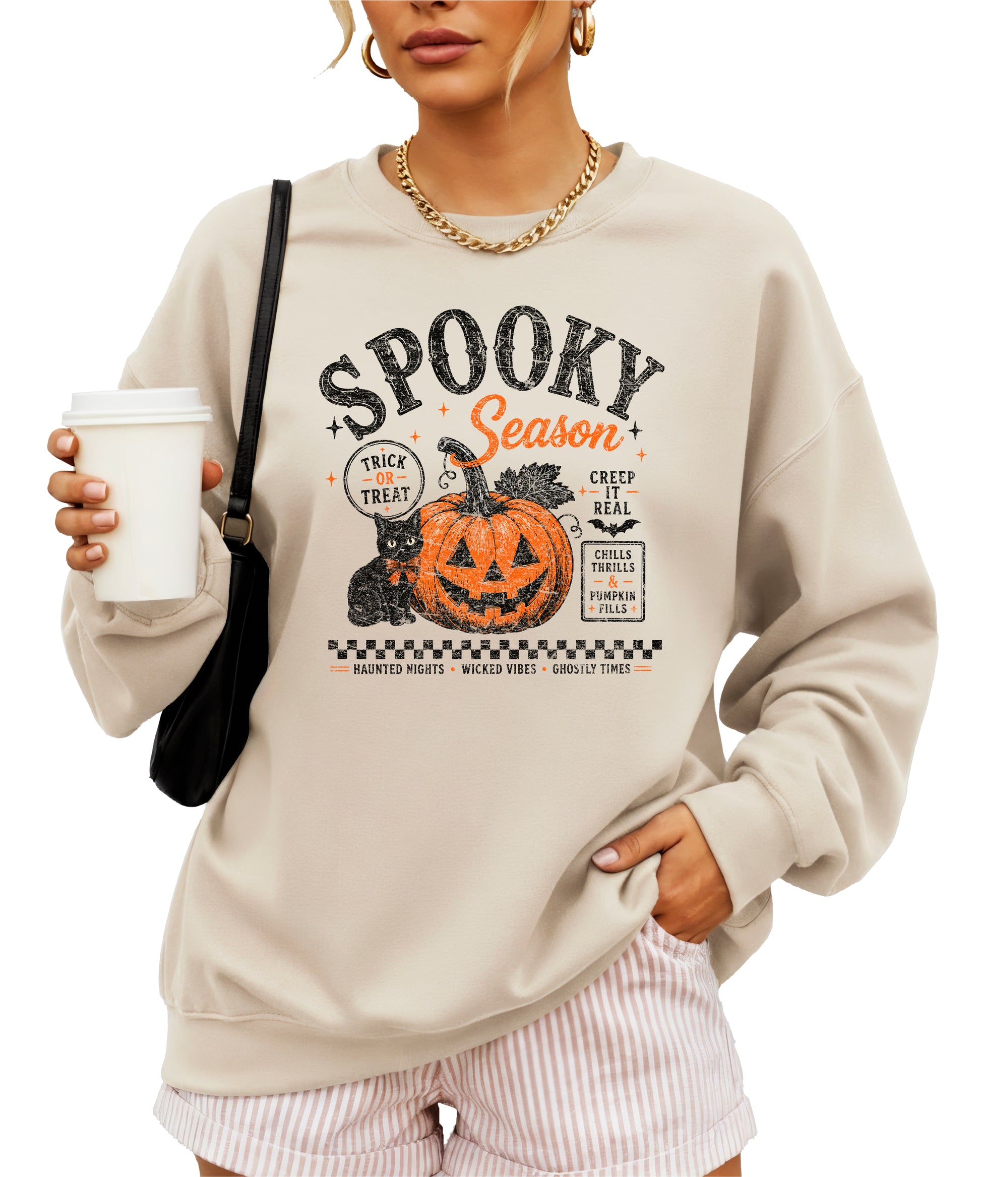 Sand Spooky Season Halloween pumpkin black cat crewneck sweatshirt, view 5