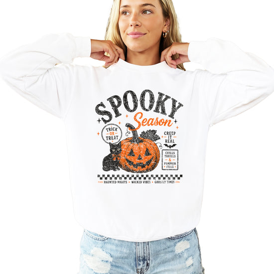 White Spooky Season Halloween pumpkin black cat crewneck sweatshirt, front view