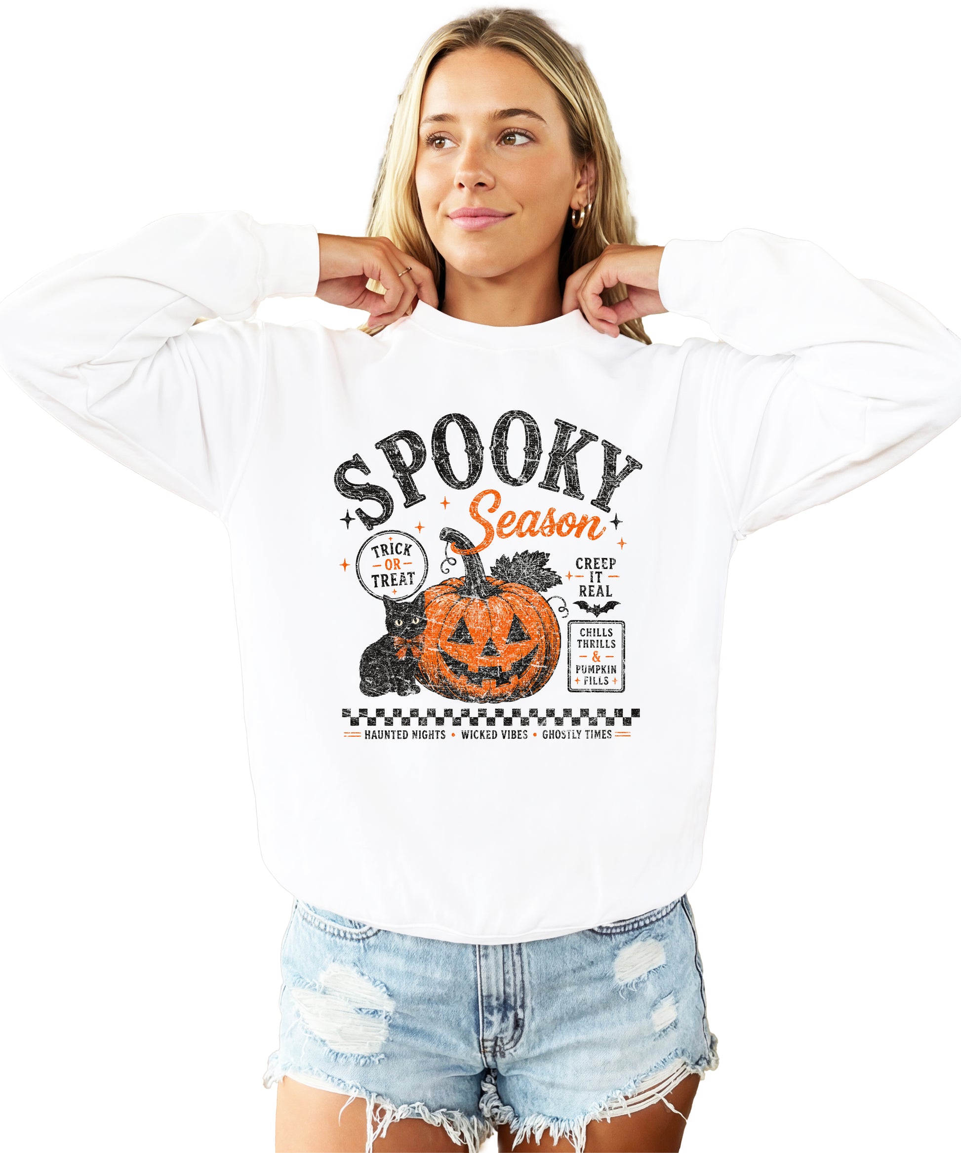 White Spooky Season Halloween pumpkin black cat crewneck sweatshirt, front view