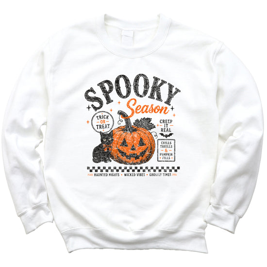 White Spooky Season Halloween pumpkin black cat crewneck sweatshirt, view 2