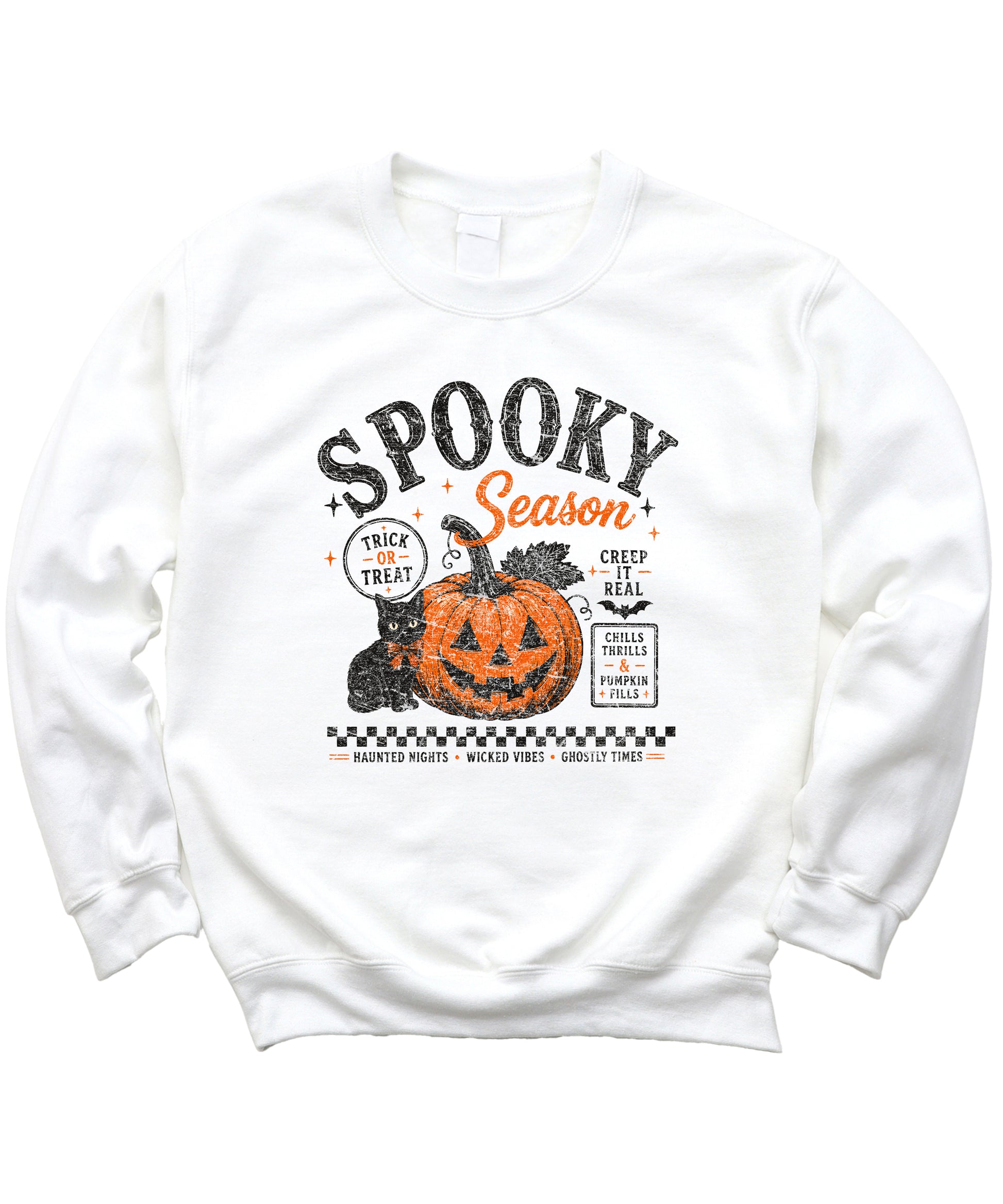 White Spooky Season Halloween pumpkin black cat crewneck sweatshirt, view 2