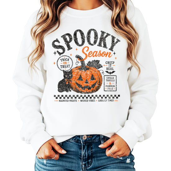 White Spooky Season Halloween pumpkin black cat crewneck sweatshirt, view 3