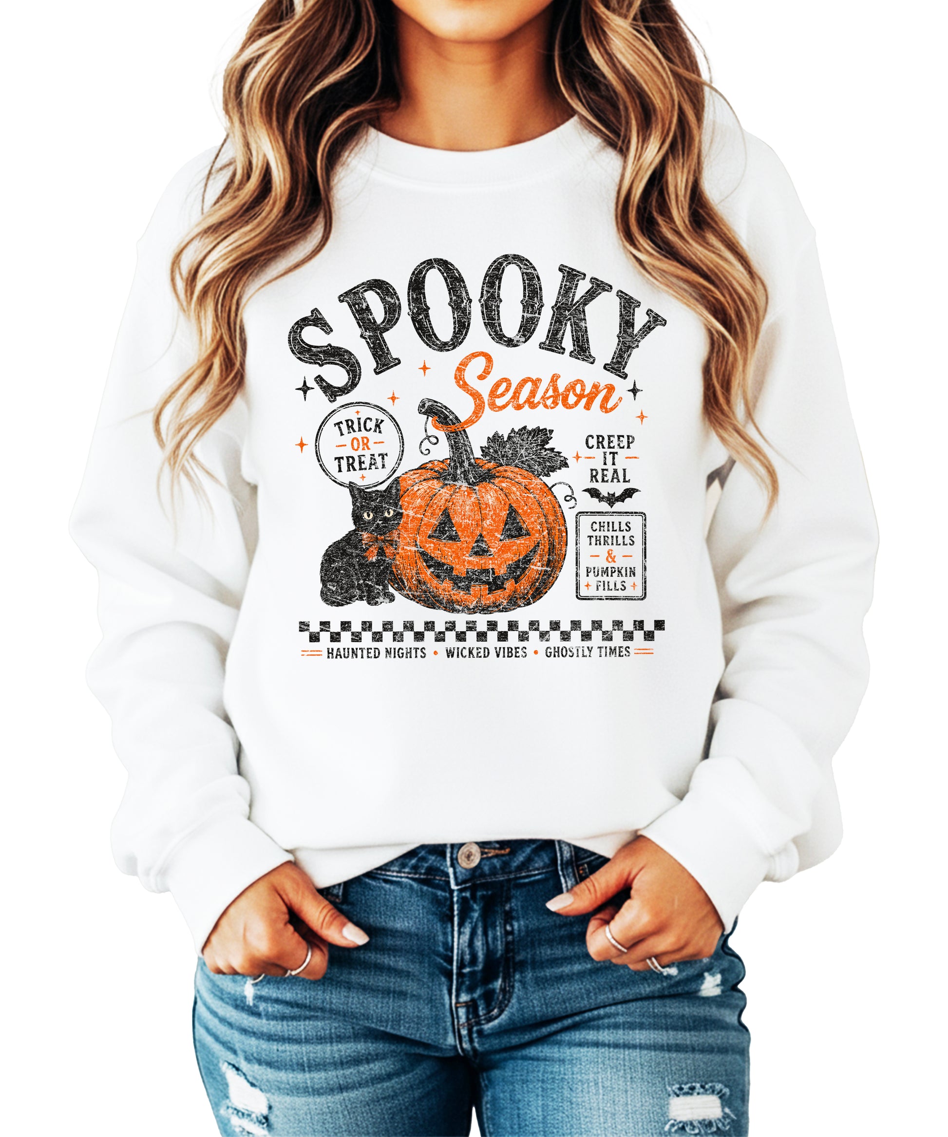 White Spooky Season Halloween pumpkin black cat crewneck sweatshirt, view 3