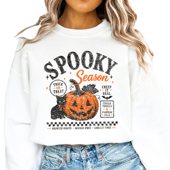 White Spooky Season Halloween pumpkin black cat crewneck sweatshirt, view 4