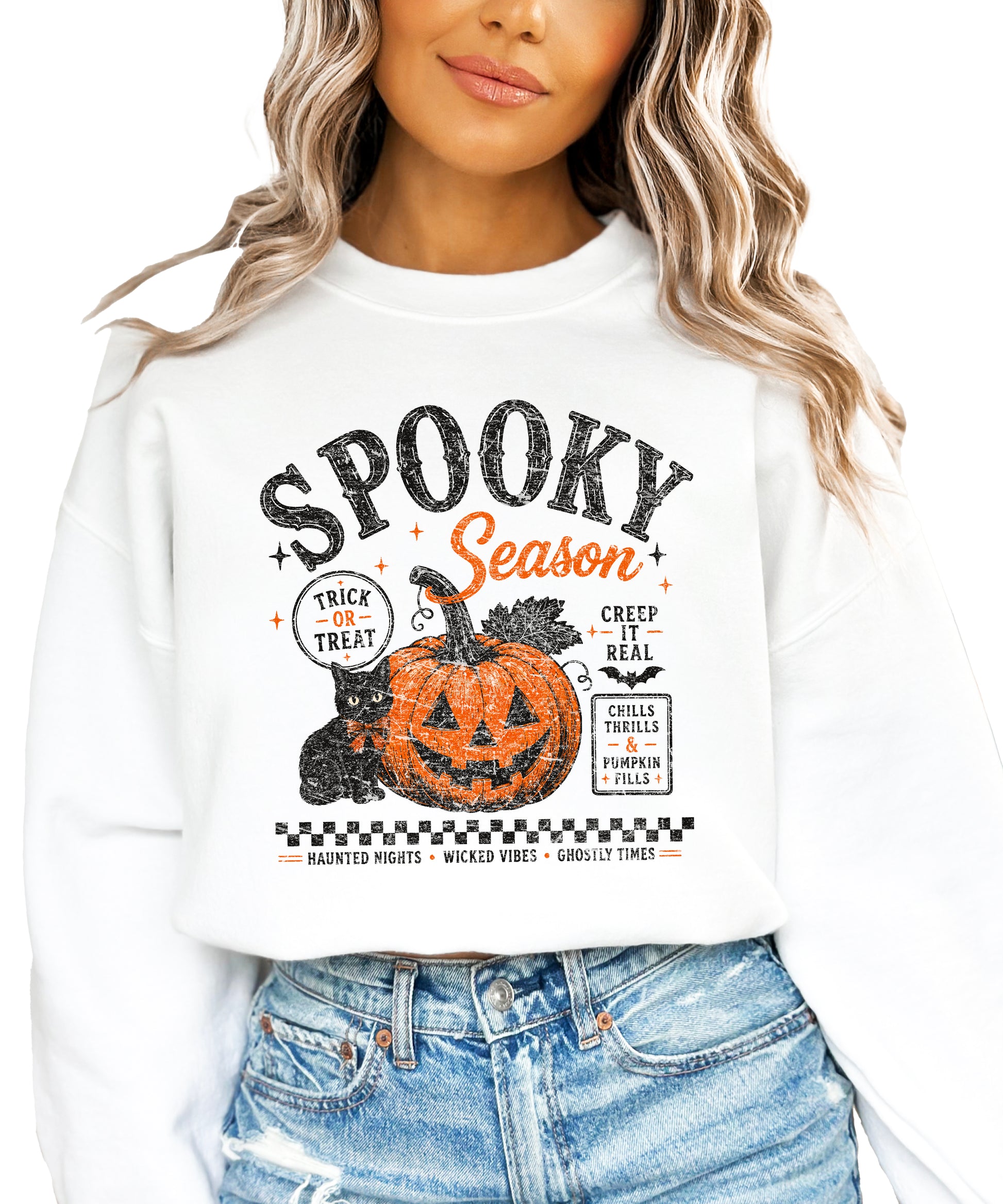 White Spooky Season Halloween pumpkin black cat crewneck sweatshirt, view 4
