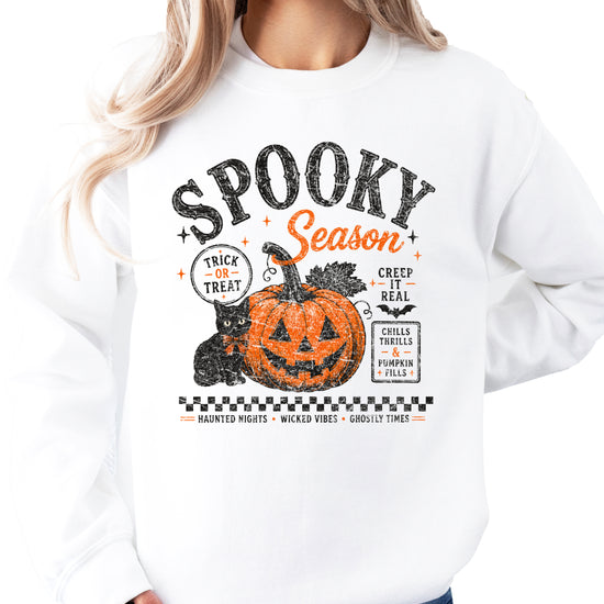 White Spooky Season Halloween pumpkin black cat crewneck sweatshirt, view 5