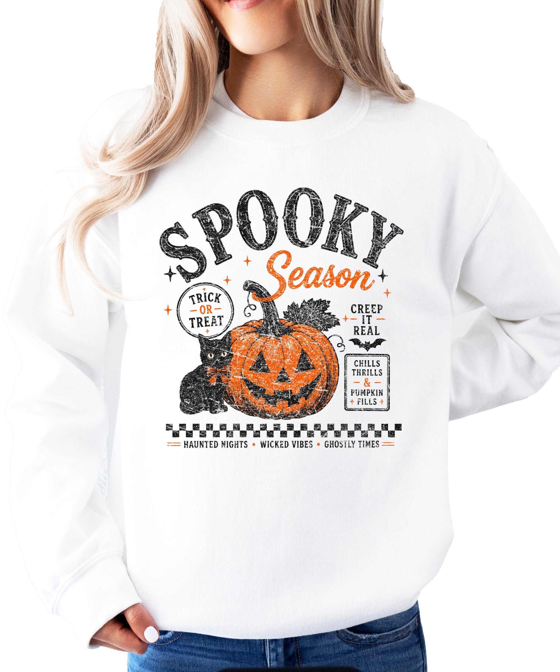 White Spooky Season Halloween pumpkin black cat crewneck sweatshirt, view 5