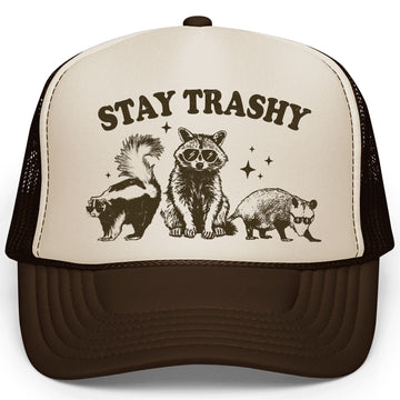 Stay Trashy Funny Raccoon Graphic Classic 5 Panel Mesh Snap Back Trucker Hat