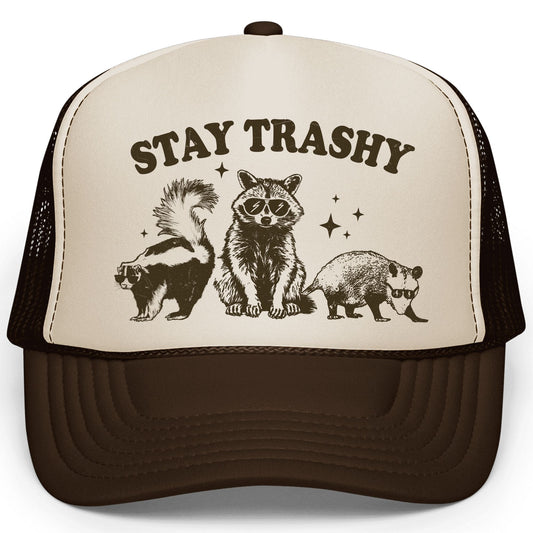 Stay Trashy Funny Raccoon Graphic Classic 5 Panel Mesh Snap Back Trucker Hat