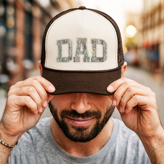 Dad Camo Trucker Hat - Woodland Camouflage Letters Mesh Snapback