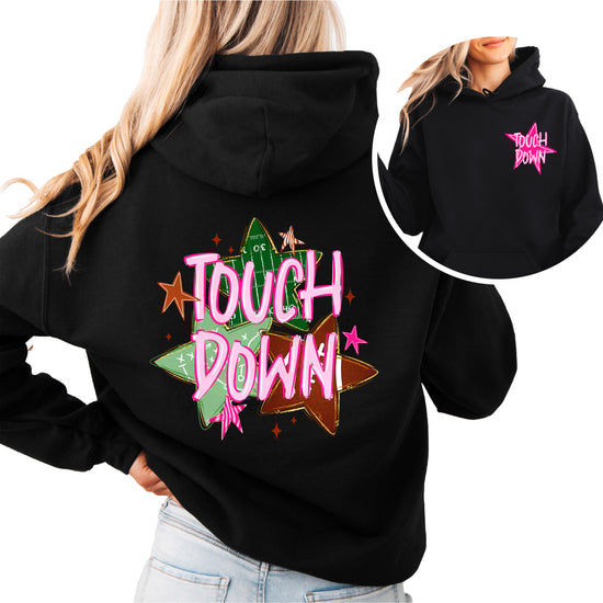 Black Touchdown Stars football hoodie for women and teen girls with pink star and Touch Down lettering