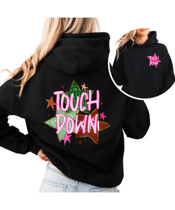 Black Touchdown Stars football hoodie for women and teen girls with pink star and Touch Down lettering
