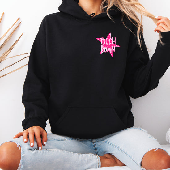 Touch Down football hoodie back design with three oversized stars, Black