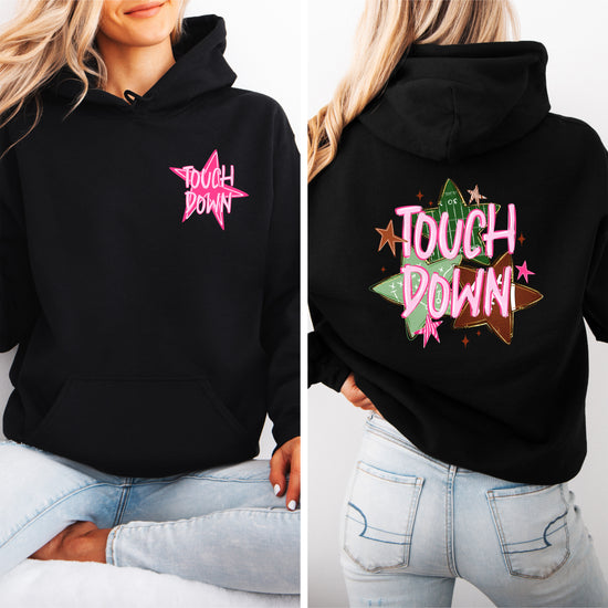 Girly football hoodie for women in Black, Touchdown Stars graphic