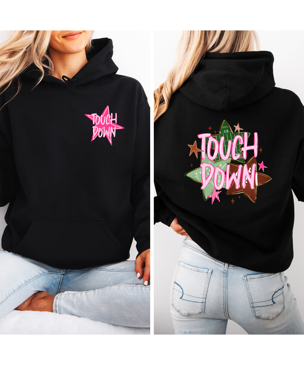 Girly football hoodie for women in Black, Touchdown Stars graphic