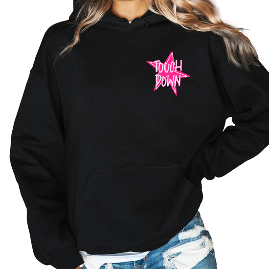 Pink Touch Down star football hoodie in Black, detail view