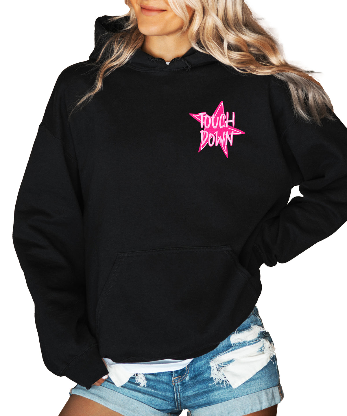 Pink Touch Down star football hoodie in Black, detail view