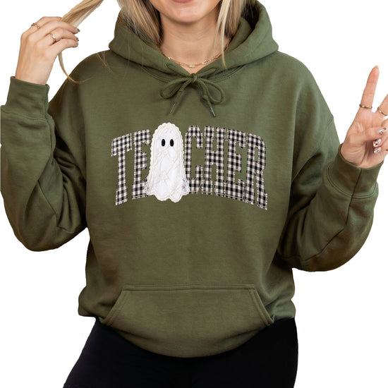 Army green gingham ghost teacher hoodie, lifestyle view