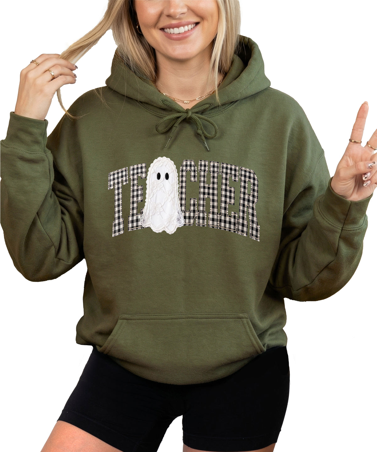 Army green gingham ghost teacher hoodie, lifestyle view