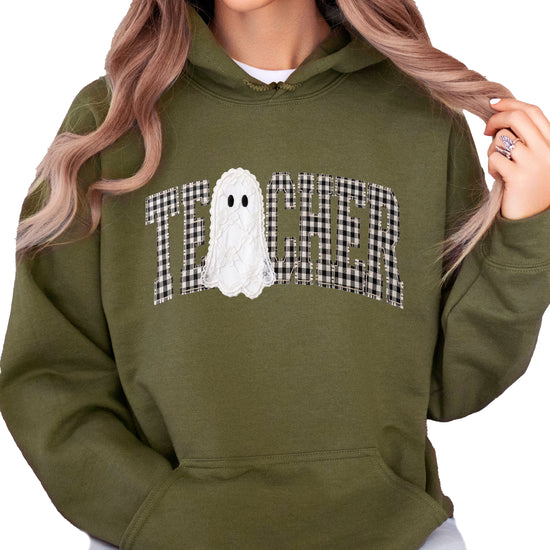 Army green gingham ghost teacher hoodie, alternate view