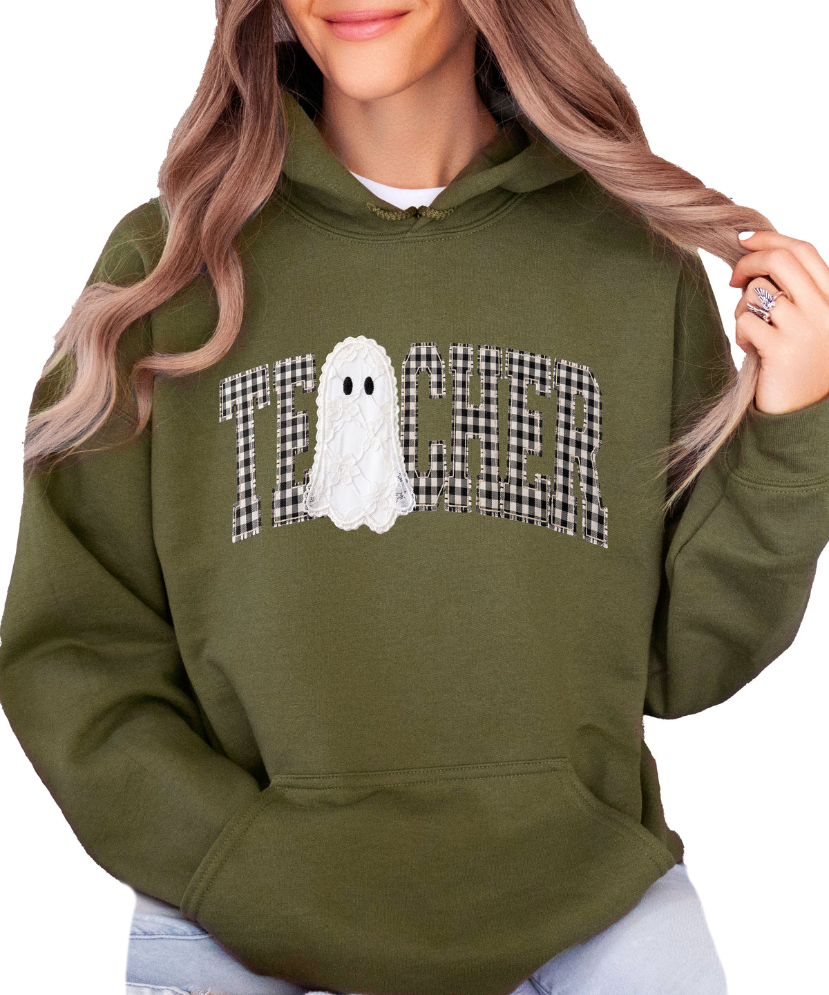 Army green gingham ghost teacher hoodie, alternate view