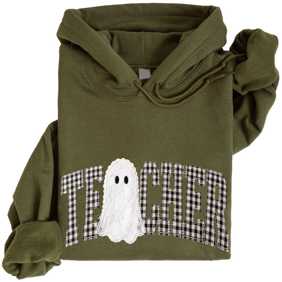 Army green gingham ghost teacher hoodie, detail view