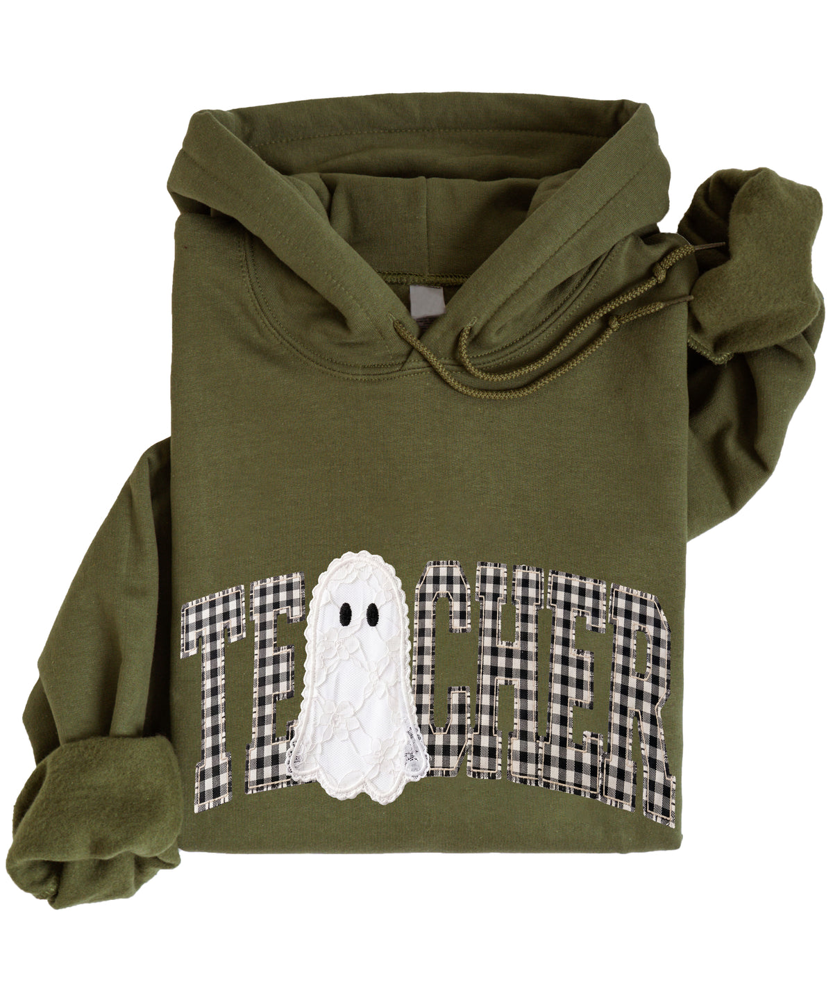 Army green gingham ghost teacher hoodie, detail view