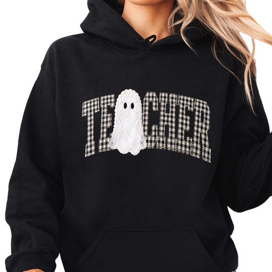 Black gingham ghost teacher hoodie, lifestyle view