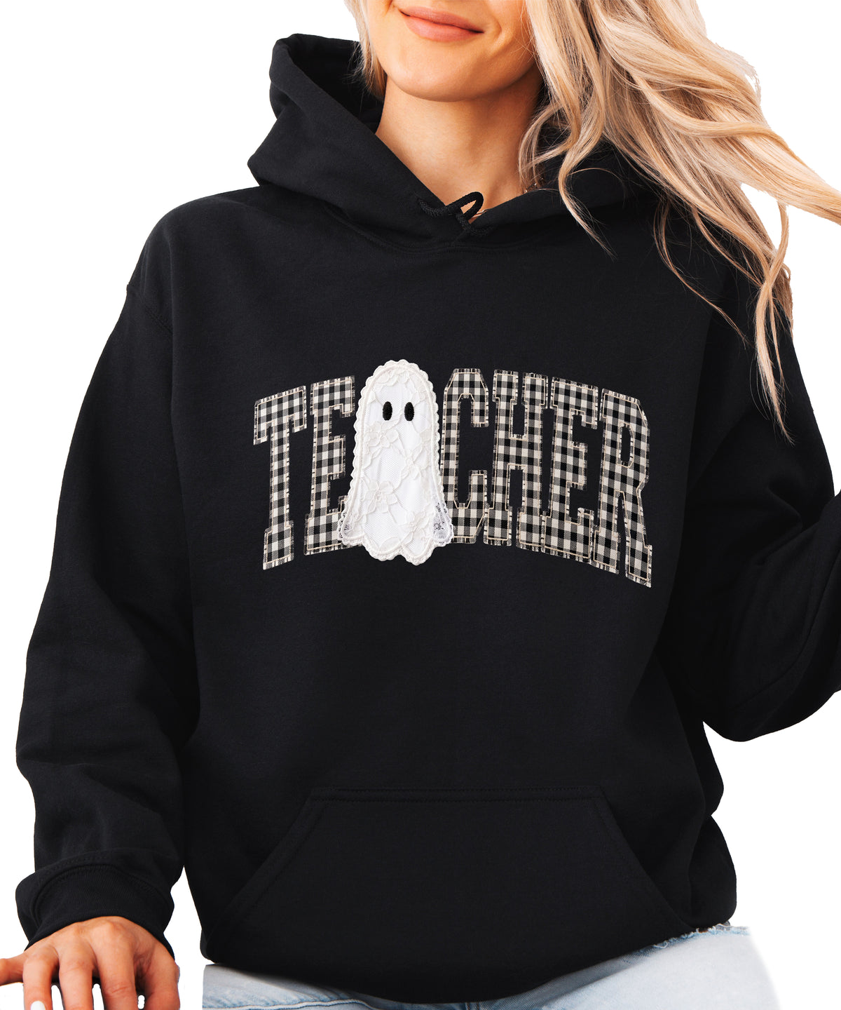 Black gingham ghost teacher hoodie, lifestyle view