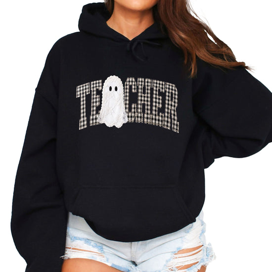 Black gingham ghost teacher hoodie, alternate view