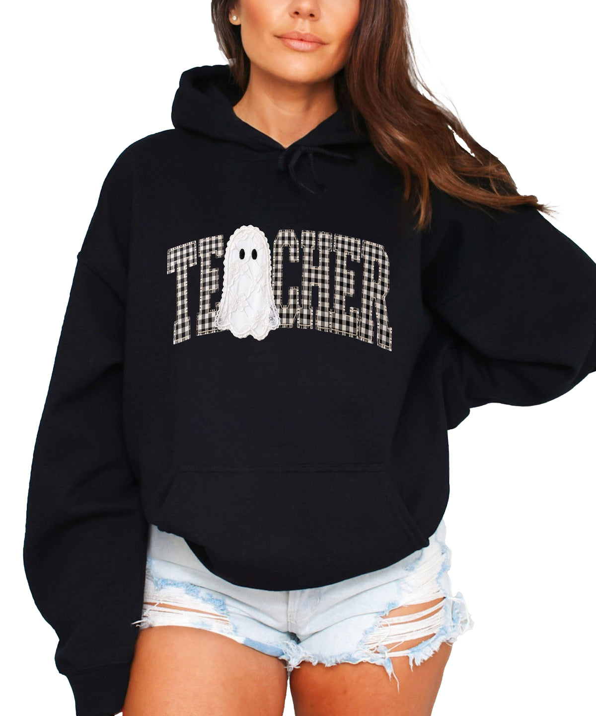 Black gingham ghost teacher hoodie, alternate view