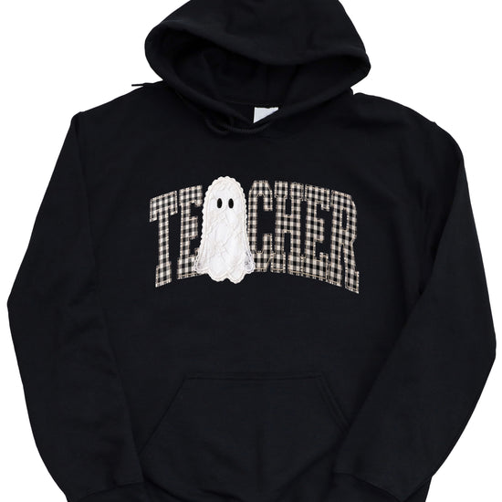 Black gingham ghost teacher hoodie, detail view