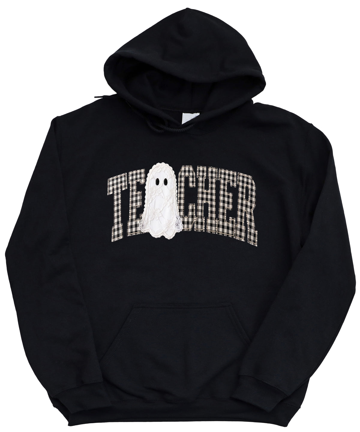 Black gingham ghost teacher hoodie, detail view