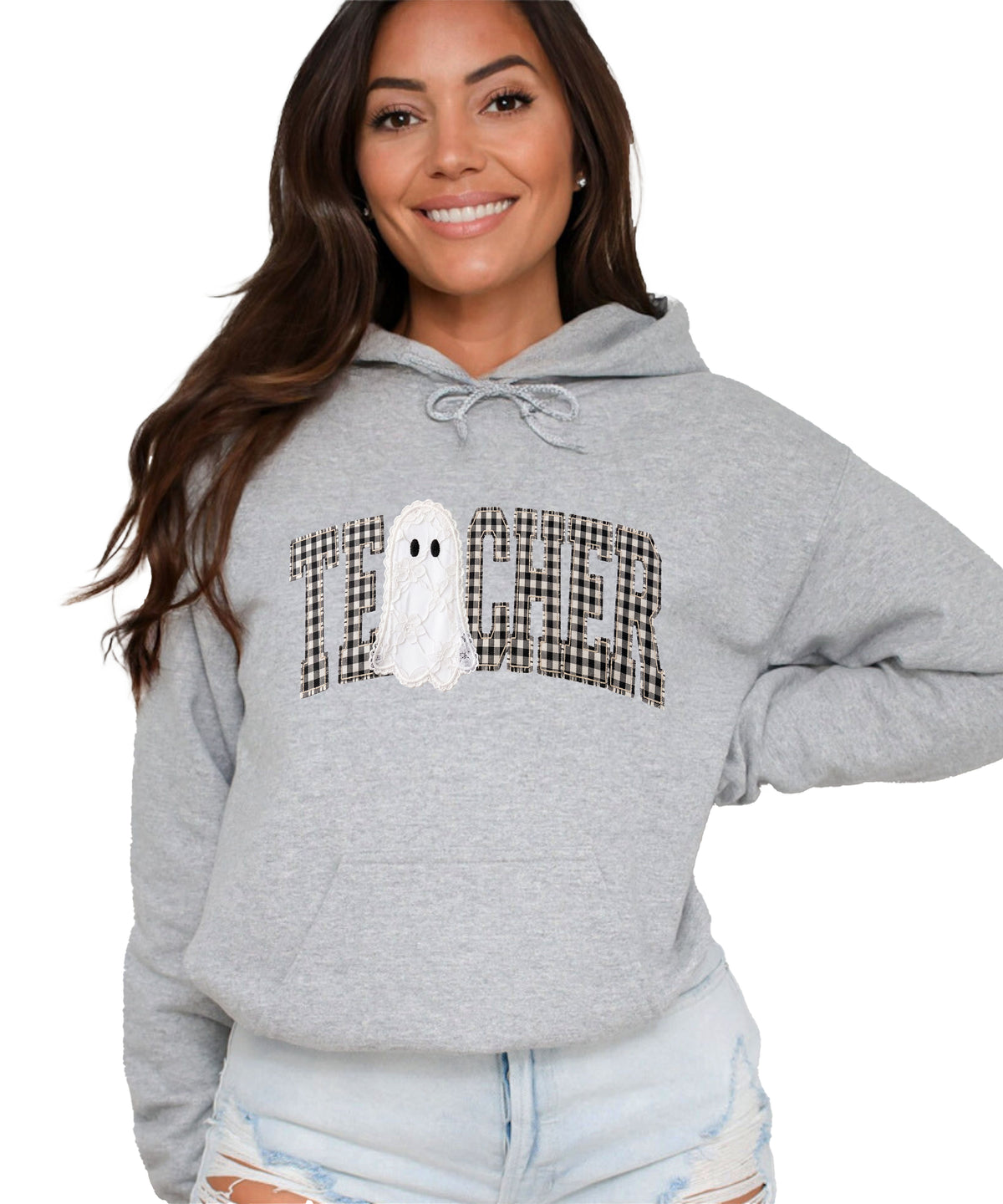 Gray hoodie with ink-printed gingham ghost teacher Halloween graphic, front view