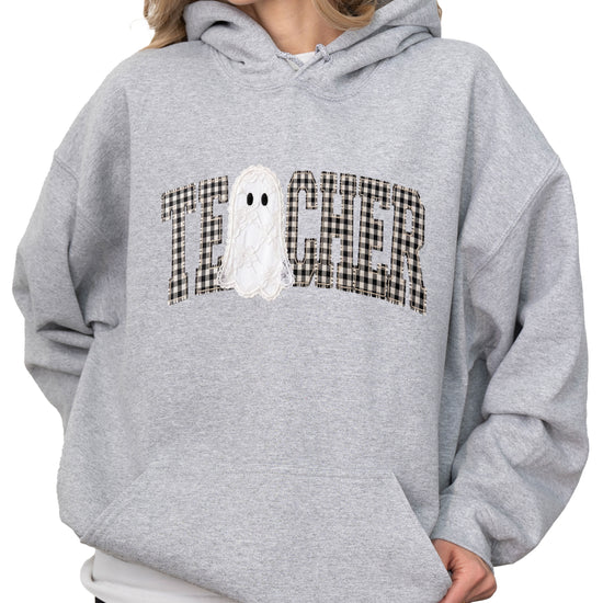 Gray gingham ghost teacher hoodie, lifestyle view